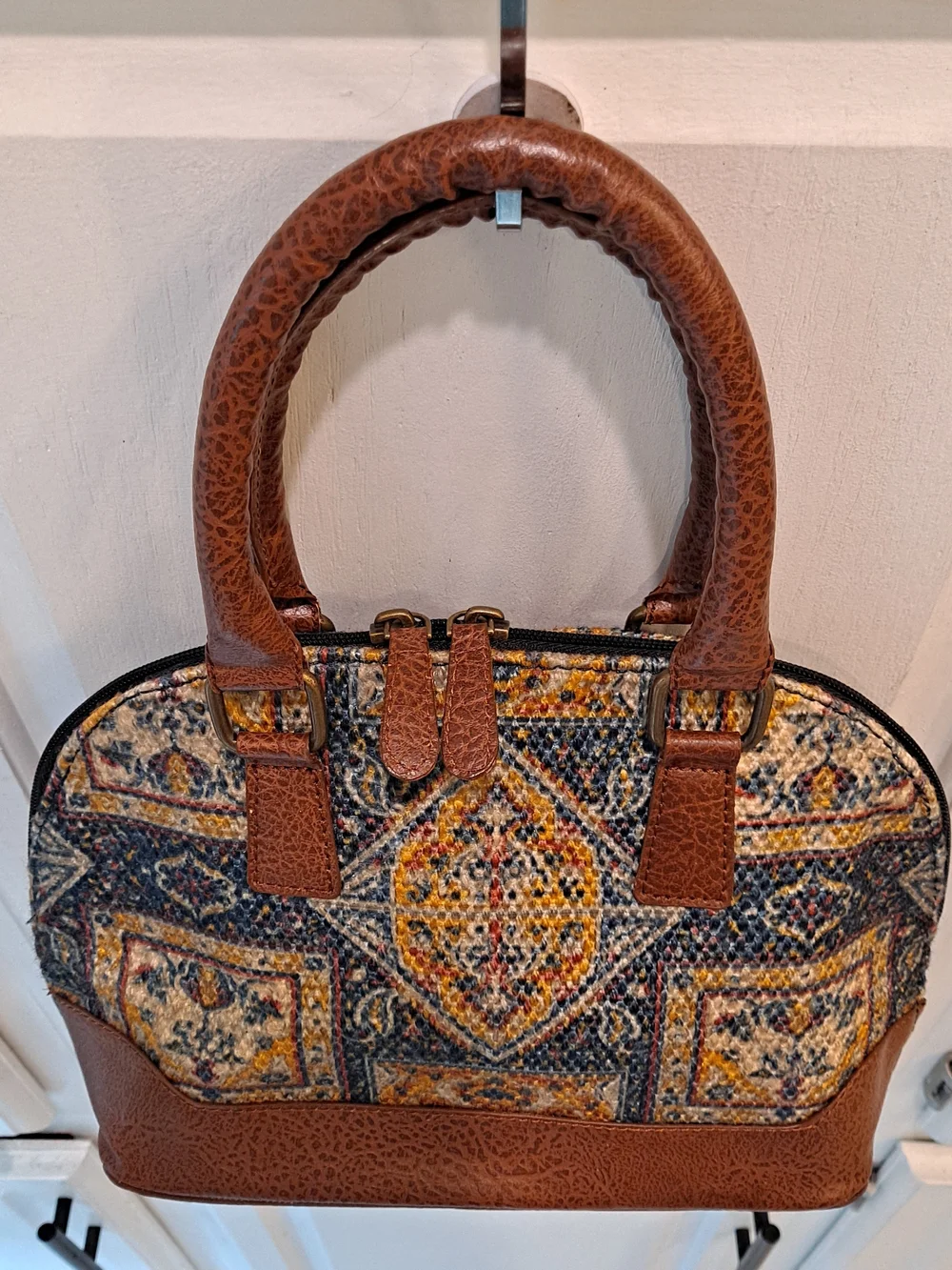 Mona B Brown Blue Multi-Pattern Dome Satchel Kilim Inspired Tapestry Vegan Boho